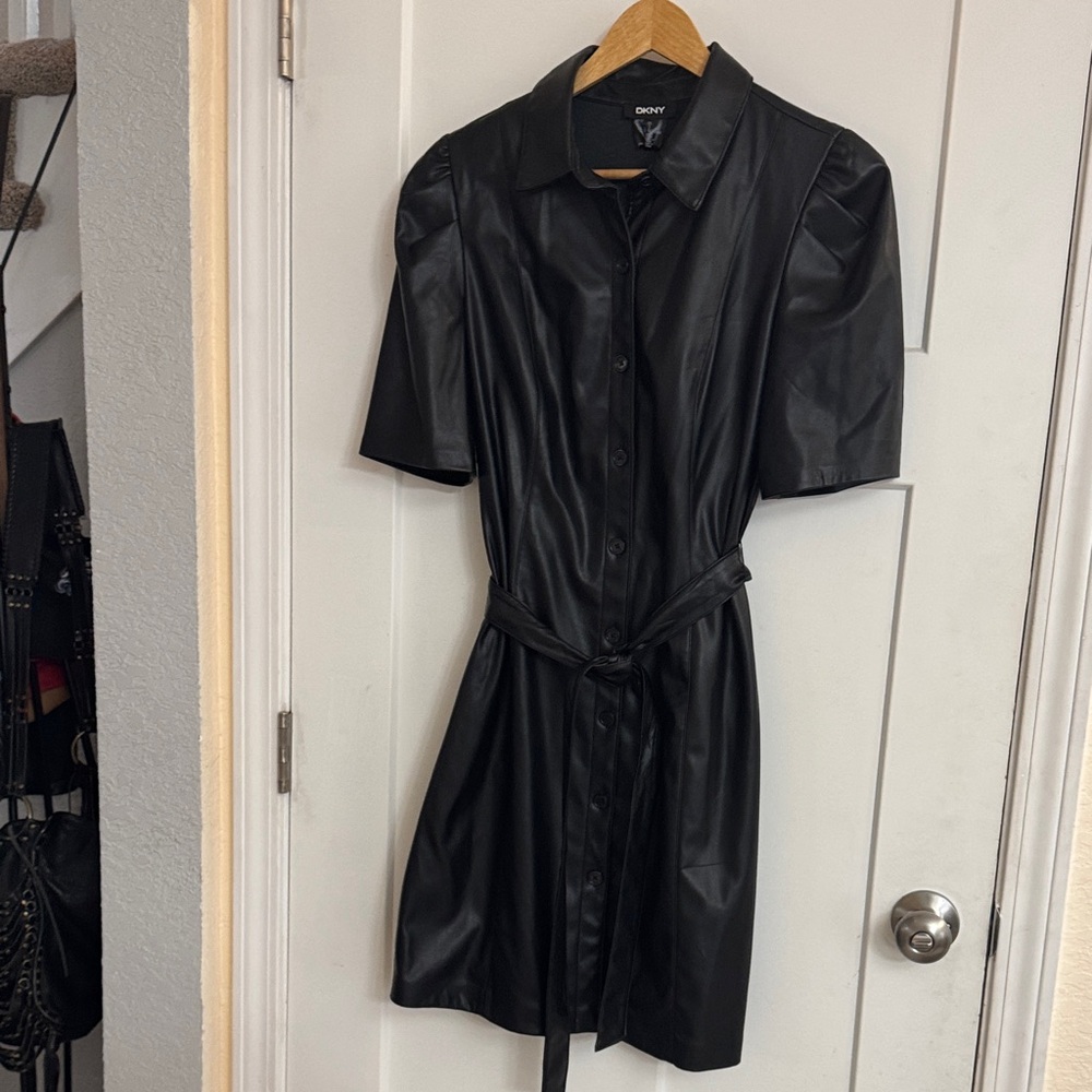 DKNY Black Button-Up Faux Leather Dress